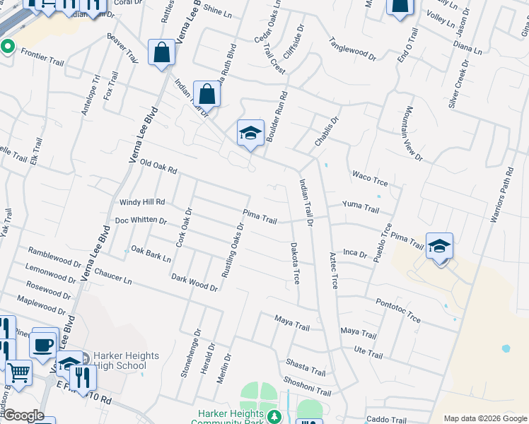 map of restaurants, bars, coffee shops, grocery stores, and more near 1407 Pima Trail in Harker Heights