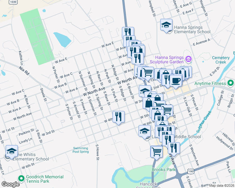 map of restaurants, bars, coffee shops, grocery stores, and more near 406 West 1st Street in Lampasas