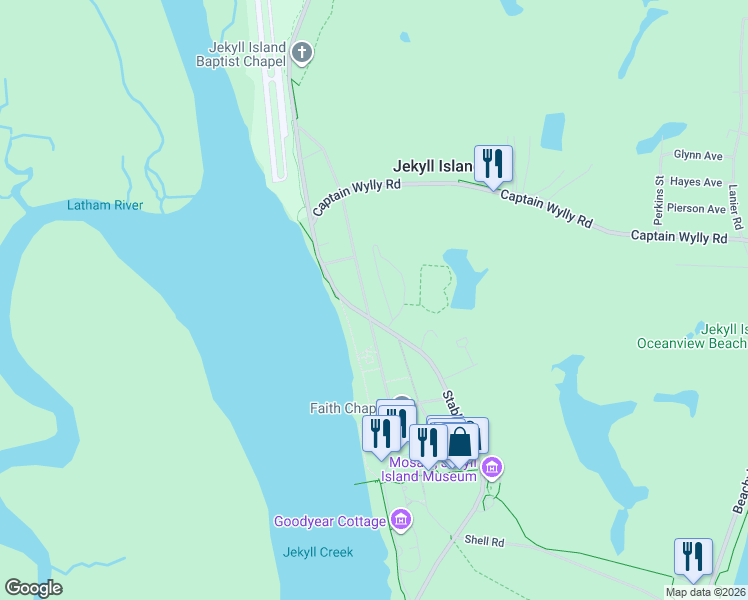 map of restaurants, bars, coffee shops, grocery stores, and more near 301 Old Plantation Road in Jekyll Island