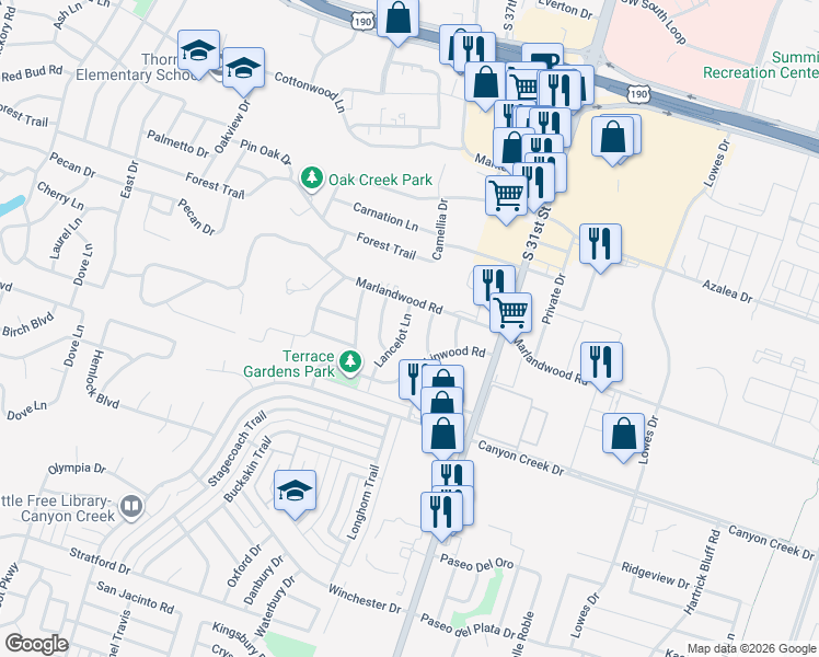 map of restaurants, bars, coffee shops, grocery stores, and more near 3814 Lancelot Lane in Temple