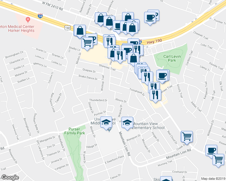 map of restaurants, bars, coffee shops, grocery stores, and more near 205 Blackfoot Drive in Harker Heights