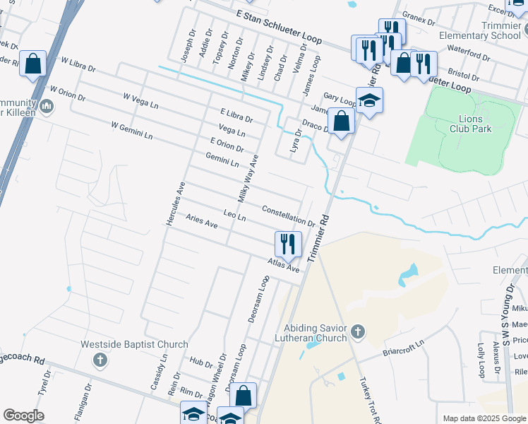 map of restaurants, bars, coffee shops, grocery stores, and more near 610 Constellation Drive in Killeen