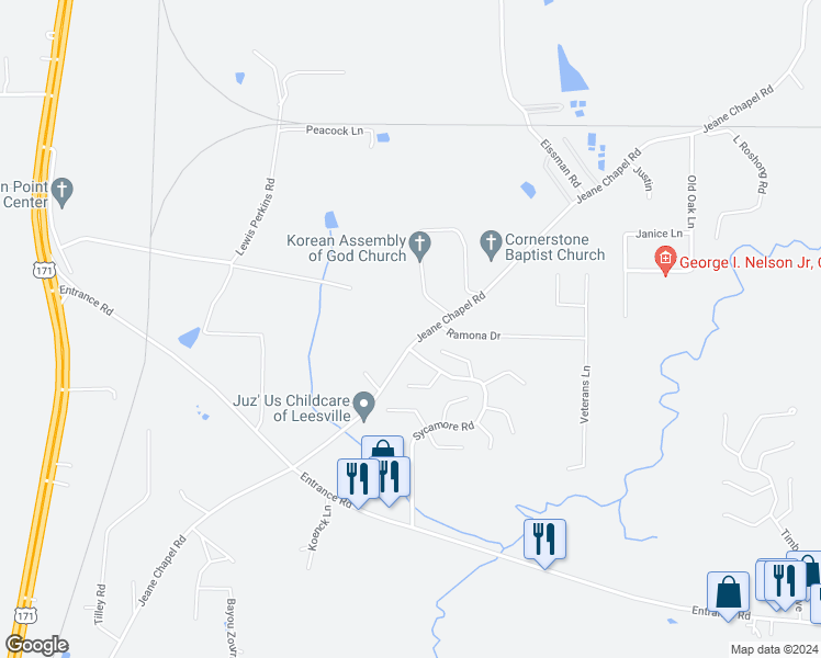 map of restaurants, bars, coffee shops, grocery stores, and more near 332 Haymon Loop in Leesville