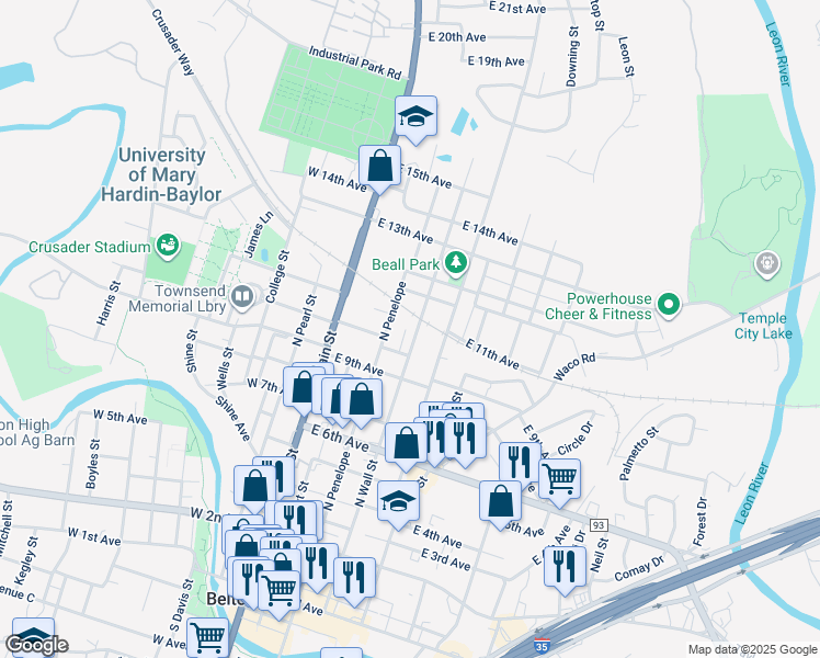 map of restaurants, bars, coffee shops, grocery stores, and more near 1018 North Wall Street in Belton