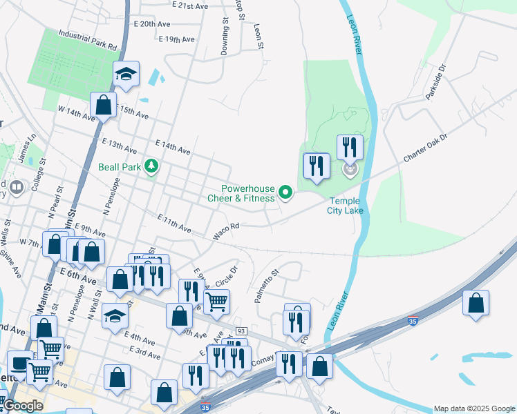 map of restaurants, bars, coffee shops, grocery stores, and more near 824 East 12th Avenue in Belton