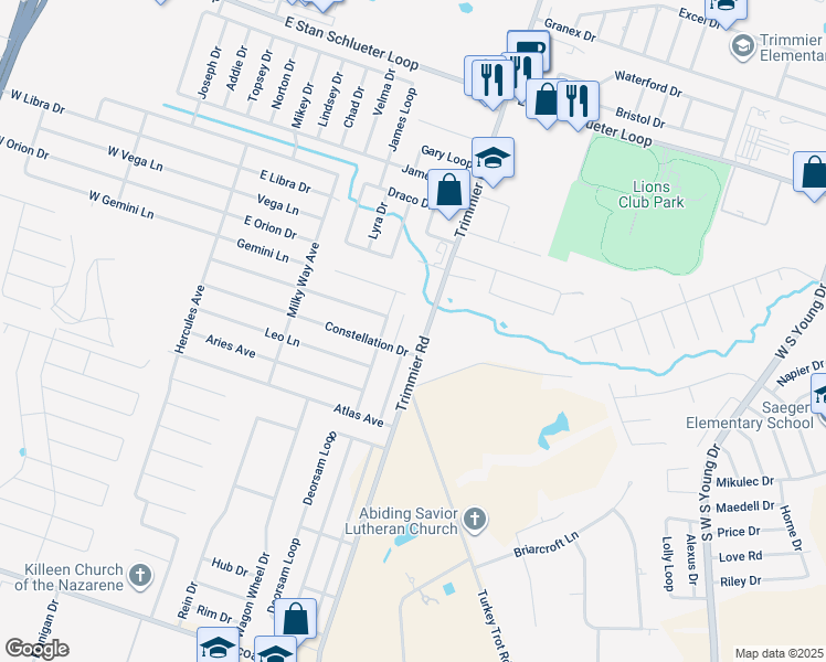 map of restaurants, bars, coffee shops, grocery stores, and more near 5601 Trimmier Road in Killeen