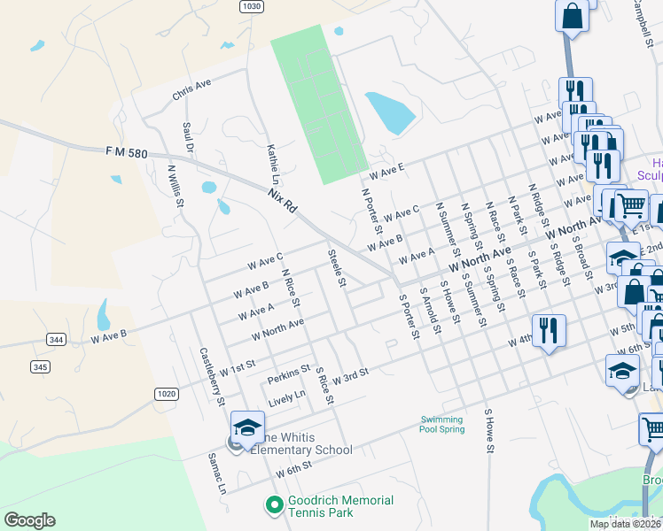 map of restaurants, bars, coffee shops, grocery stores, and more near 28 Steele Street in Lampasas
