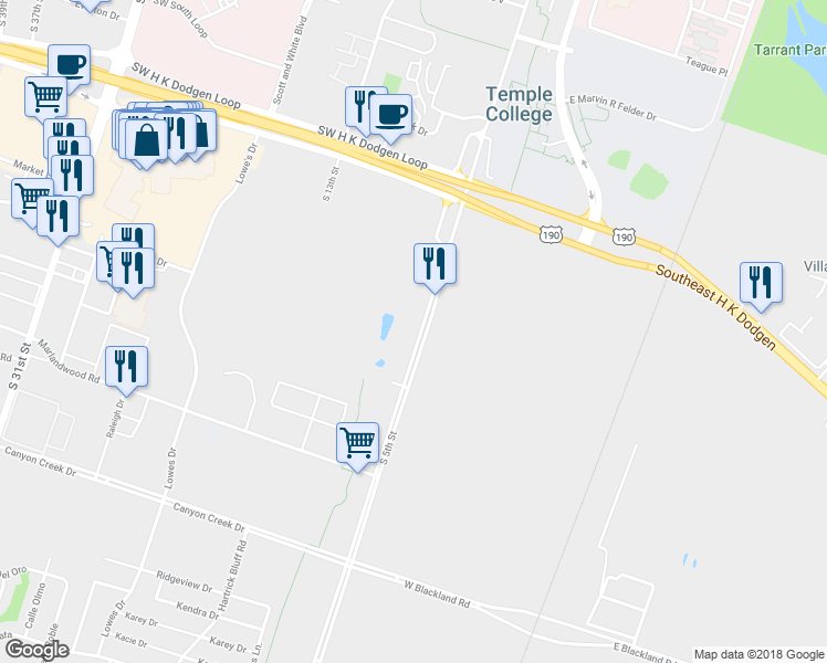 map of restaurants, bars, coffee shops, grocery stores, and more near 3308 South 5th Street in Temple