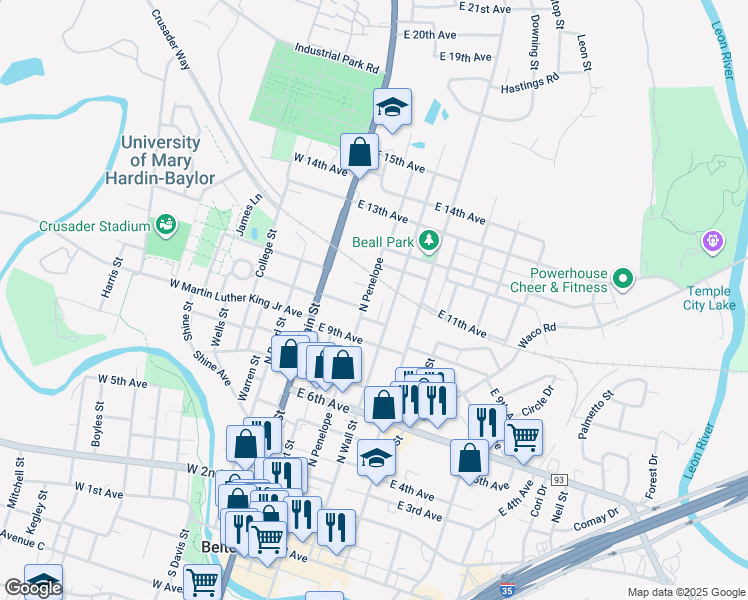 map of restaurants, bars, coffee shops, grocery stores, and more near 1021 N Penelope St in Belton