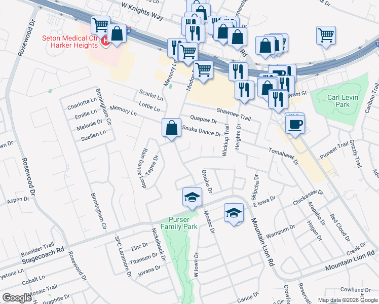 map of restaurants, bars, coffee shops, grocery stores, and more near 106 Missouri Drive in Harker Heights