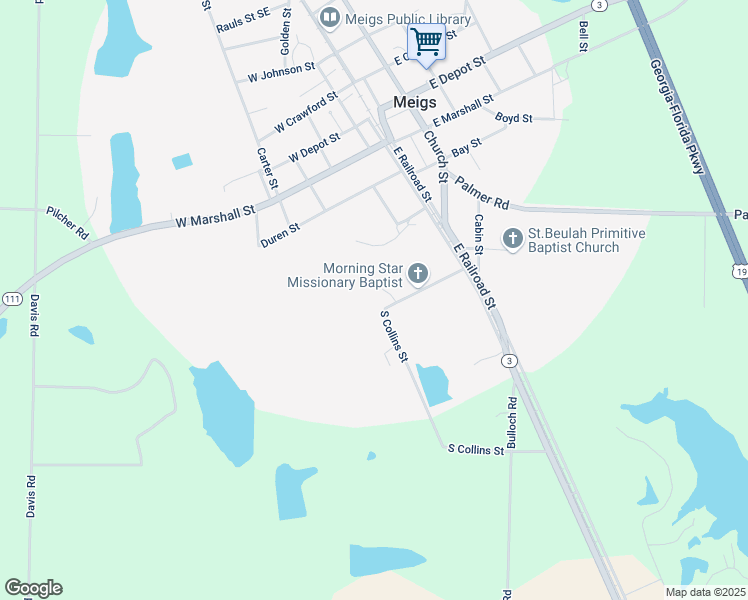 map of restaurants, bars, coffee shops, grocery stores, and more near 3070 South Collins Street in Meigs