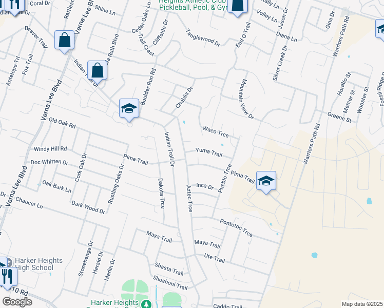 map of restaurants, bars, coffee shops, grocery stores, and more near 1602 Yuma Trail in Harker Heights