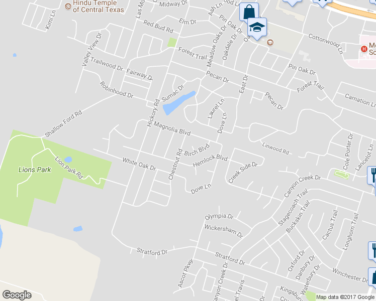 map of restaurants, bars, coffee shops, grocery stores, and more near 4206 Birch Boulevard in Temple