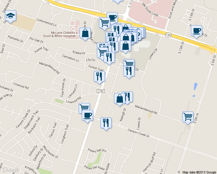map of restaurants, bars, coffee shops, grocery stores, and more near 3615 South 31st Street in Temple