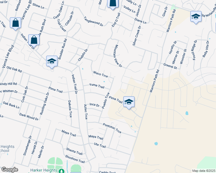 map of restaurants, bars, coffee shops, grocery stores, and more near 1633 Yuma Trail in Harker Heights