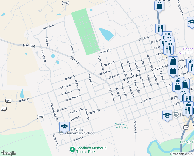 map of restaurants, bars, coffee shops, grocery stores, and more near 1114 Nix Road in Lampasas
