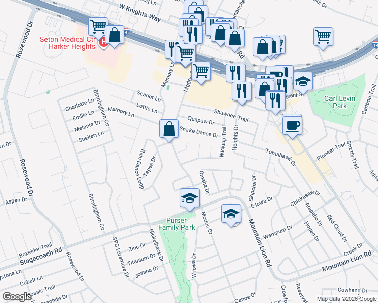map of restaurants, bars, coffee shops, grocery stores, and more near 106 Missouri Drive in Harker Heights