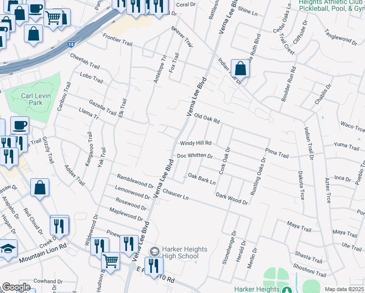 map of restaurants, bars, coffee shops, grocery stores, and more near 1003 Doc Whitten Drive in Harker Heights
