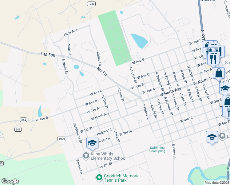 map of restaurants, bars, coffee shops, grocery stores, and more near 28 Steele Street in Lampasas
