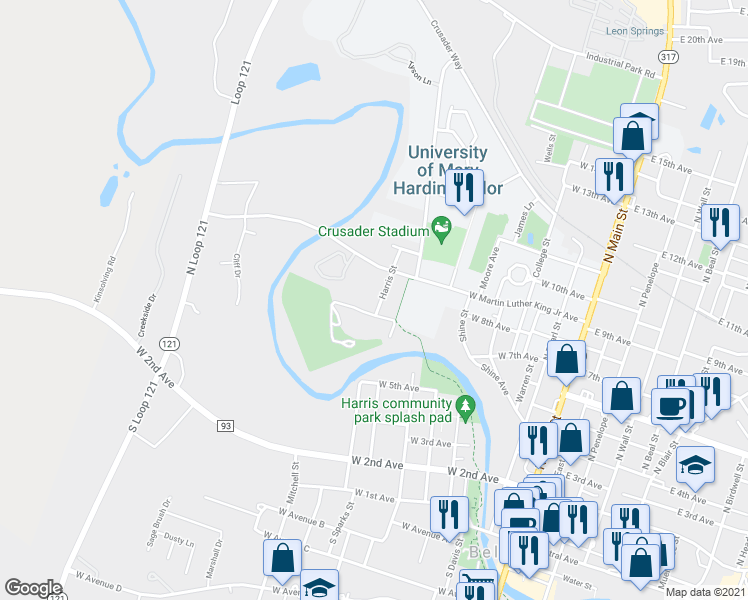 map of restaurants, bars, coffee shops, grocery stores, and more near 704 Harris Street in Belton
