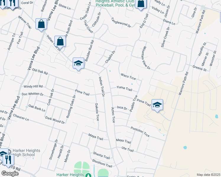 map of restaurants, bars, coffee shops, grocery stores, and more near 1523 Indian Trail in Harker Heights