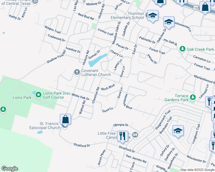 map of restaurants, bars, coffee shops, grocery stores, and more near 4206 Birch Boulevard in Temple