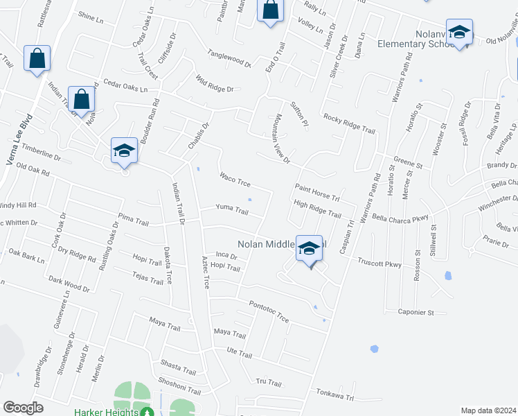 map of restaurants, bars, coffee shops, grocery stores, and more near 1633 Yuma Trail in Harker Heights
