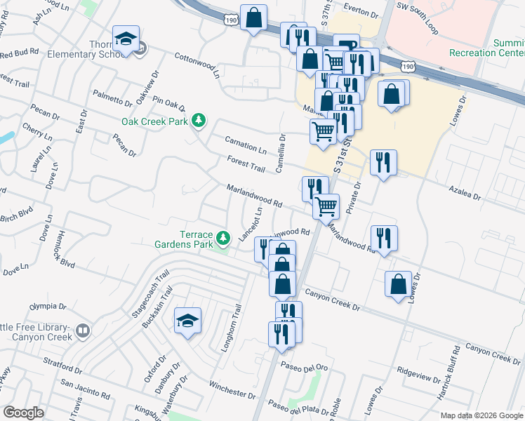 map of restaurants, bars, coffee shops, grocery stores, and more near 3814 Lancelot Lane in Temple