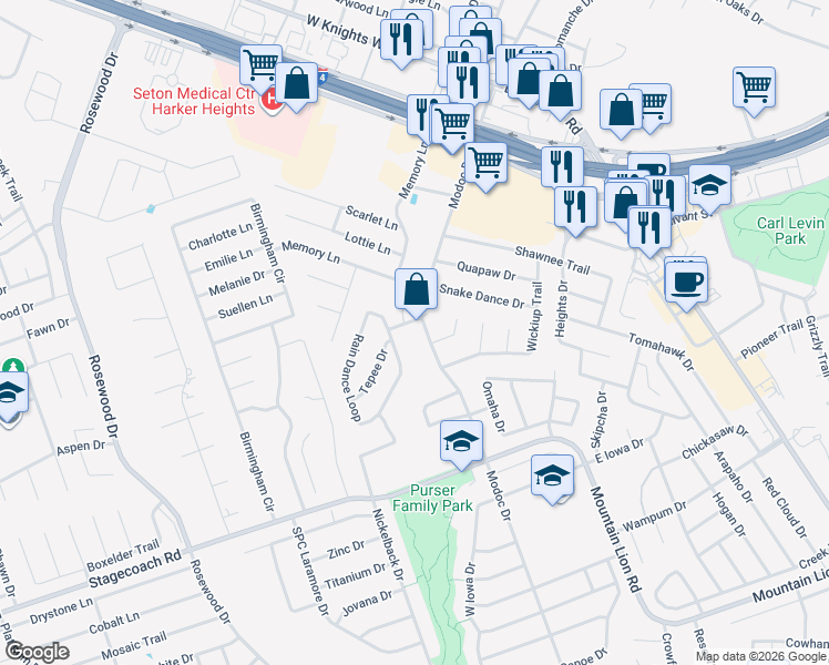 map of restaurants, bars, coffee shops, grocery stores, and more near 2132 Modoc Drive in Harker Heights