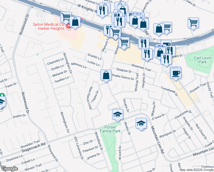 map of restaurants, bars, coffee shops, grocery stores, and more near 2132 Modoc Drive in Harker Heights