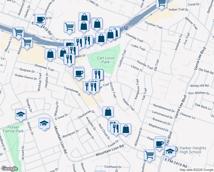 map of restaurants, bars, coffee shops, grocery stores, and more near 2107 Ocelot Trail in Harker Heights