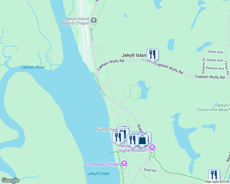 map of restaurants, bars, coffee shops, grocery stores, and more near 301 Old Plantation Road in Jekyll Island