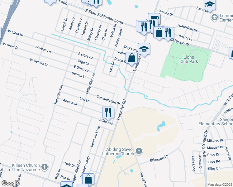 map of restaurants, bars, coffee shops, grocery stores, and more near 5601 Trimmier Road in Killeen