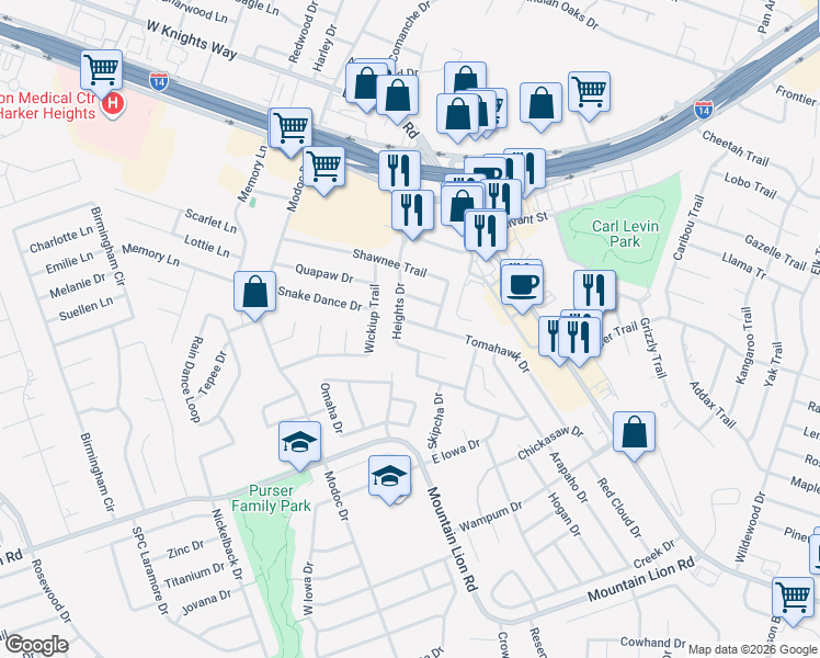 map of restaurants, bars, coffee shops, grocery stores, and more near 205 Blackfoot Drive in Harker Heights