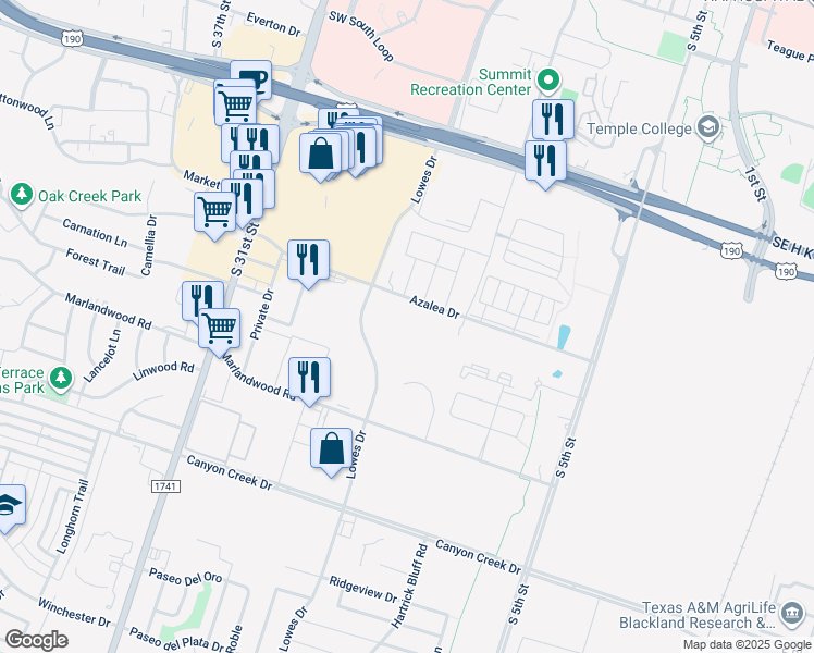 map of restaurants, bars, coffee shops, grocery stores, and more near Lowes Drive in Temple