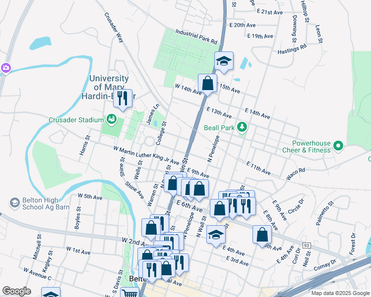 map of restaurants, bars, coffee shops, grocery stores, and more near 1004 North Main Street in Belton