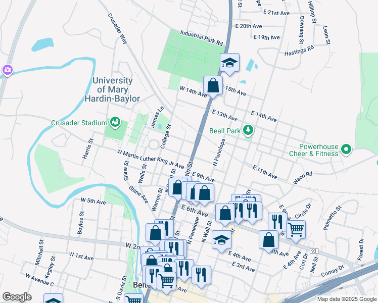 map of restaurants, bars, coffee shops, grocery stores, and more near 1004 North Main Street in Belton