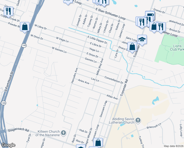 map of restaurants, bars, coffee shops, grocery stores, and more near 511 Leo Lane in Killeen