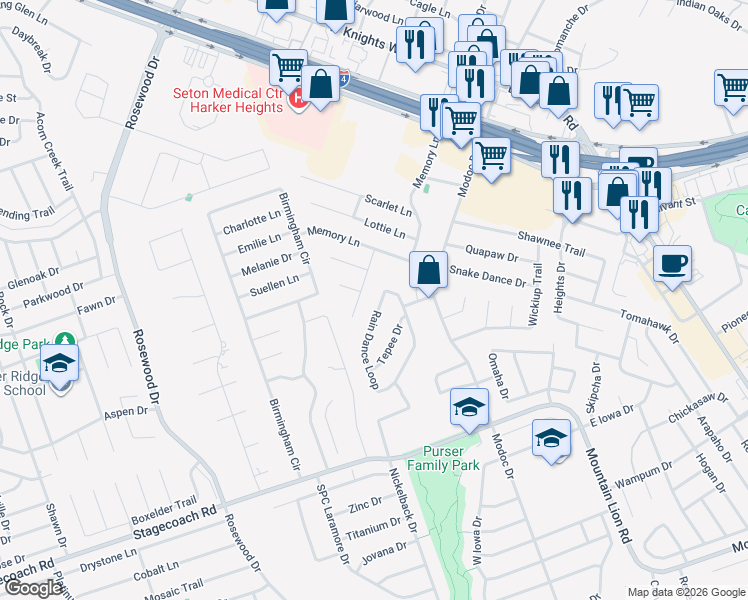 map of restaurants, bars, coffee shops, grocery stores, and more near 160 Caroline Court in Harker Heights