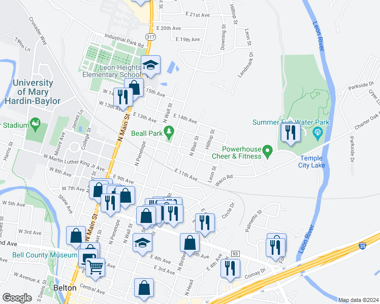 map of restaurants, bars, coffee shops, grocery stores, and more near 509 East 12th Avenue in Belton