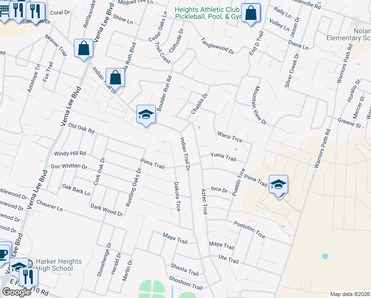 map of restaurants, bars, coffee shops, grocery stores, and more near 1513A Indian Trail in Harker Heights