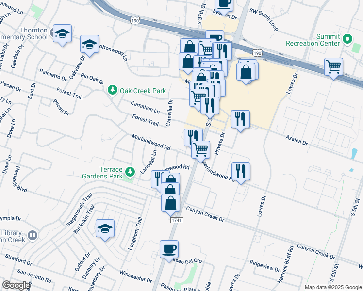 map of restaurants, bars, coffee shops, grocery stores, and more near 3610 South 31st Street in Temple