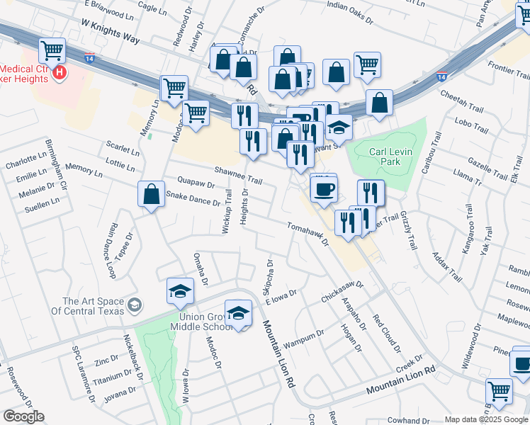 map of restaurants, bars, coffee shops, grocery stores, and more near 2107 Shawnee Trail in Harker Heights