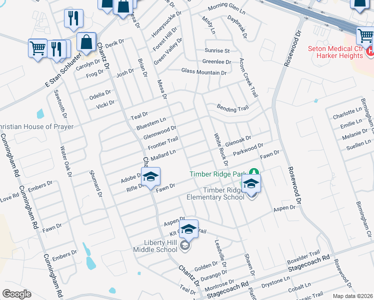 map of restaurants, bars, coffee shops, grocery stores, and more near 4702 Mallard Lane in Killeen