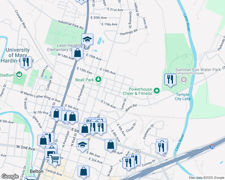 map of restaurants, bars, coffee shops, grocery stores, and more near 599 East 12th Avenue in Belton