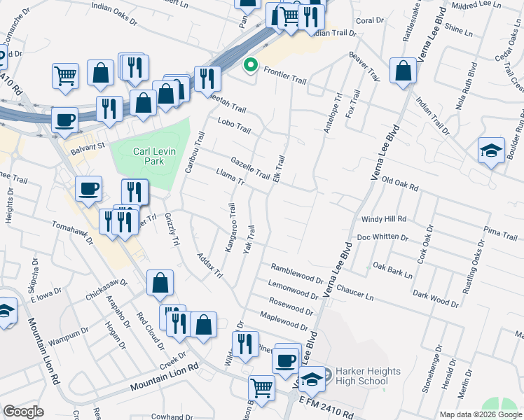 map of restaurants, bars, coffee shops, grocery stores, and more near 2008 Elk Trail in Harker Heights