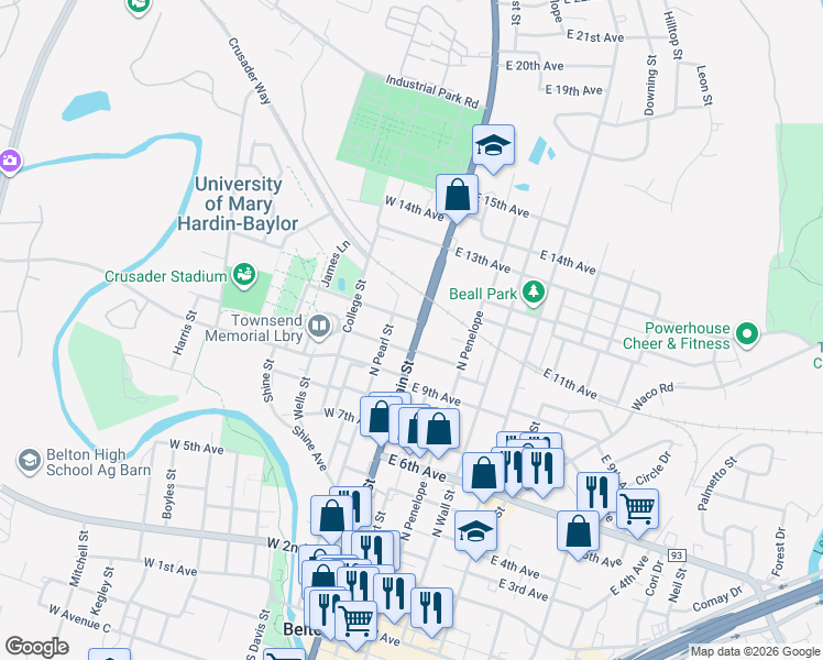 map of restaurants, bars, coffee shops, grocery stores, and more near 1018 North Main Street in Belton