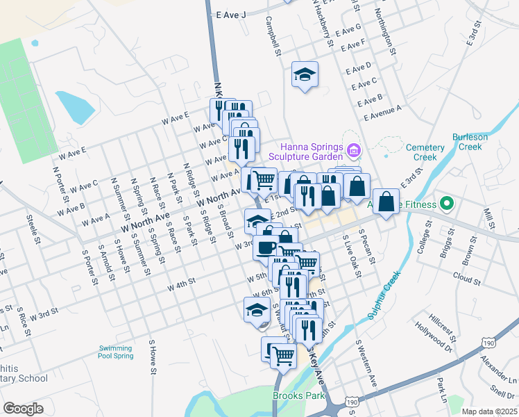 map of restaurants, bars, coffee shops, grocery stores, and more near 201 South Key Avenue in Lampasas