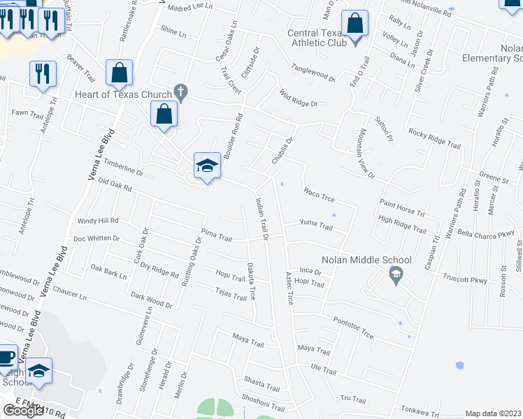map of restaurants, bars, coffee shops, grocery stores, and more near 1509b Indian Trail in Harker Heights