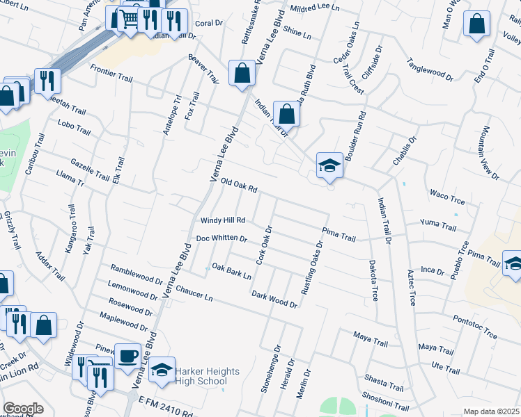 map of restaurants, bars, coffee shops, grocery stores, and more near 2005 Longmeadow Road in Harker Heights